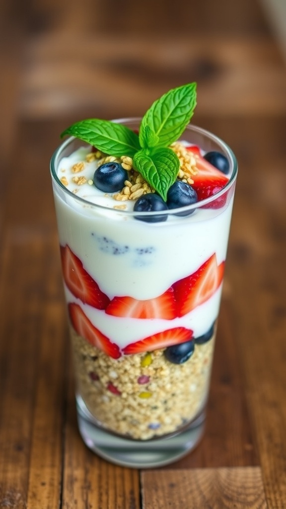 A colorful quinoa yogurt parfait with layers of quinoa, yogurt, and fresh berries in a glass.